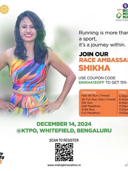 As a race ambassador for the Bengaluru Midnight Marathon, I encourage everyone to join this journey. Running is more than a sport; it's a path of discovery. Use my code to join the thousands running for a cause.