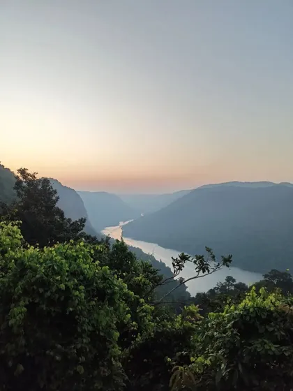 A beautiful view of the Sharavathi river valley at sunset.