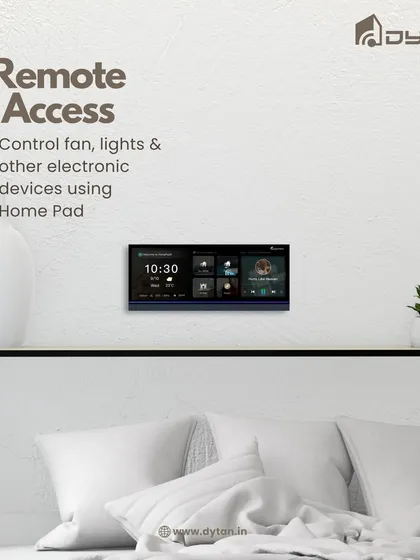 Enjoy remote access to your entire home through the HomePad. This setup in a bedroom allows you to control the fan, lights, and other electronics without leaving your bed.