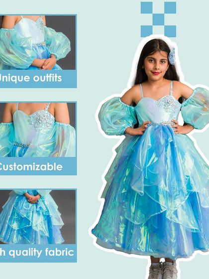 Our Frozen Princess gown in iridescent blue fabric, featuring puffy off shoulder sleeves and a layered skirt. It's fully customizable.