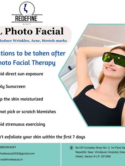 The IPL Photo Facial is a great treatment for reducing wrinkles, acne, and stretch marks. This graphic also provides important aftercare precautions, like avoiding sun exposure and keeping the skin moisturized.