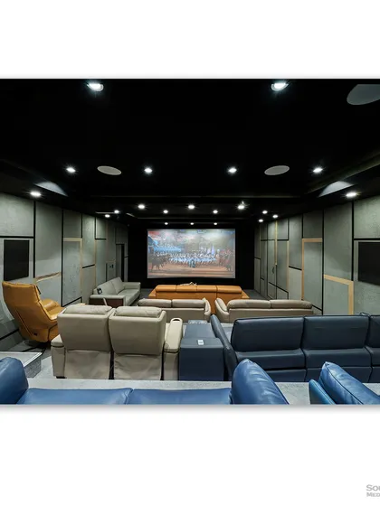 A view from the back of the theater, showing the tiered seating arrangement and large screen. This shot gives a clear sense of the immersive cinematic experience the company provides.