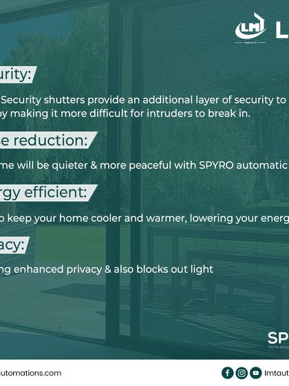 This graphic summarizes the four key benefits of our SPYRO automatic shutters: enhanced security, improved noise reduction for a quieter home, better energy efficiency, and complete privacy.