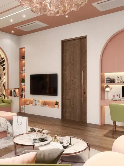 A wider view of the daughter's room, showing how we integrated a study area and a cozy lounge space. The consistent use of pink and arched motifs, balanced with soft greens and natural wood, creates a harmonious and multi-functional room.