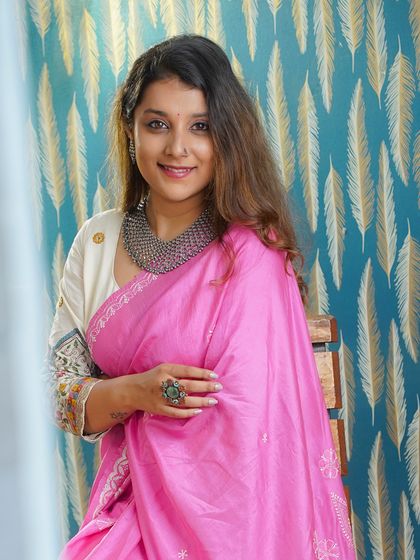 For a brand collaboration, I styled myself in this pink Tussar silk saree with Chikankari work, paired with a bold silver necklace.