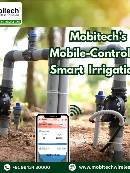 Our mobile-controlled smart irrigation system, showing the wireless valves and app interface that make farming simple and efficient.