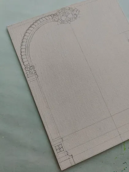 The very first pencil sketch for the Aandal Rangamannar piece. It all starts with a simple line, mapping out the composition and the placement of the traditional arch.