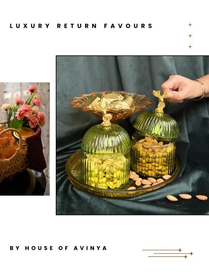 This collage highlights our luxury return favours, featuring elegant green glass jars filled with pistachios and almonds, set on a matching tray. A perfect keepsake for your guests.