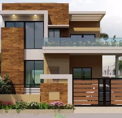 A modern two-story house design that balances wood-textured tiles with smooth plaster and large glass windows. The design includes a first-floor balcony with a glass railing and a stylishly designed front gate and boundary wall.