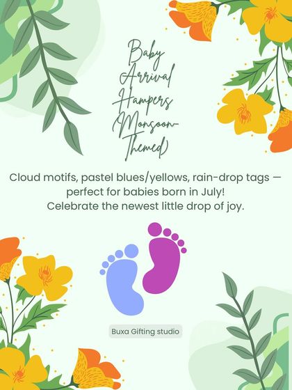 A monsoon-themed baby arrival hamper idea, using cloud motifs and pastel colors to celebrate a baby born in July.