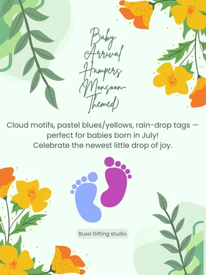A creative idea for a monsoon-themed baby arrival hamper, using cloud motifs and pastel colors for a baby born in July.