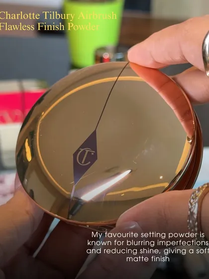 My favorite setting powder: Charlotte Tilbury Airbrush Flawless Finish. It's known for blurring imperfections and reducing shine, giving a soft-matte finish that looks incredible on camera and in person.