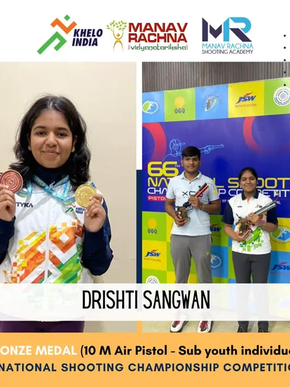 Our Khelo India program nurtures champions from a young age. Here, Drishti Sangwan proudly displays her medals from the 66th National Shooting Championship, including a bronze in the sub-youth individual and gold in two team events.