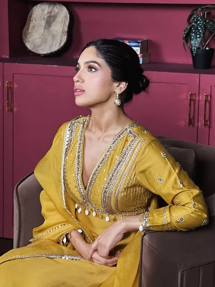 For her birthday, I styled Bhumi Pednekar in this vibrant yellow salwar suit. The intricate silver embroidery on the neckline and the flowing dupatta make it a cheerful and celebratory outfit.