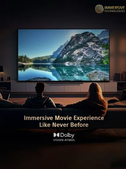 This graphic illustrates the goal of our living room systems: an immersive movie experience powered by Dolby Vision for stunning visuals and Dolby Atmos for enveloping sound, enjoyed from the comfort of your sofa.