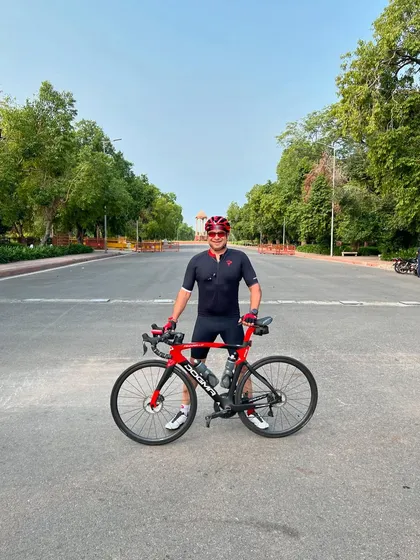 The birthday boy posing with his bike in Lutyens' Delhi.