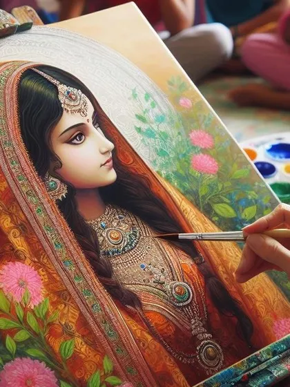 Discover the rich and vibrant world of oil painting. This piece, showing an artist painting a traditional Indian portrait, reflects the advanced skills we teach in color theory, blending, and brushwork on canvas.
