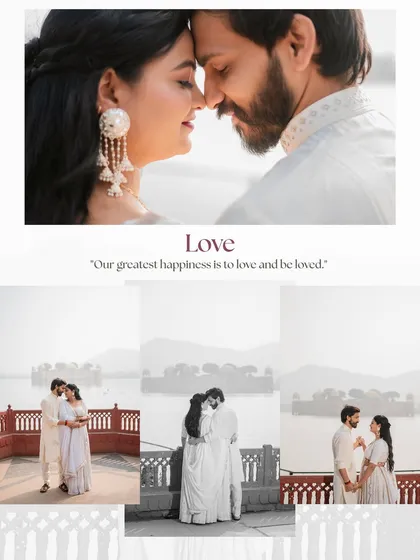 A collage of Amit and Sakshi's romantic shoot at Jal Mahal, including a beautiful close-up and black-and-white shots that emphasize their connection.