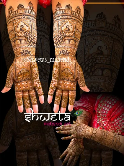 A classic Indian mehendi design featuring peacocks inside traditional jharokha windows. The pattern is dense and detailed, perfect for a bride who loves traditional art.