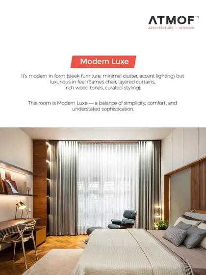 For a Modern Luxe feel, we focus on sleek forms and luxurious touches. This room combines minimalist furniture with layered curtains, rich wood, and curated accent lighting for an atmosphere of understated sophistication.