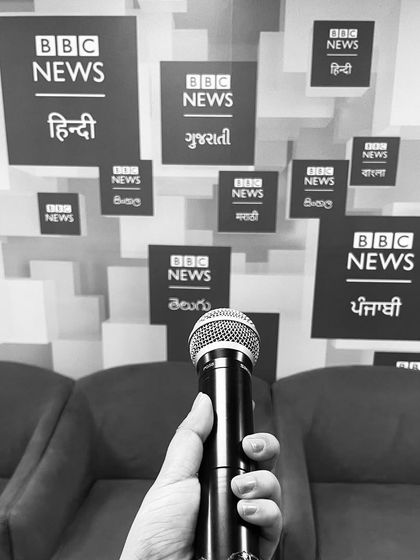 The mic is ready for the Diwali event at BBC News India. It's always exciting to host for such a prestigious organization.