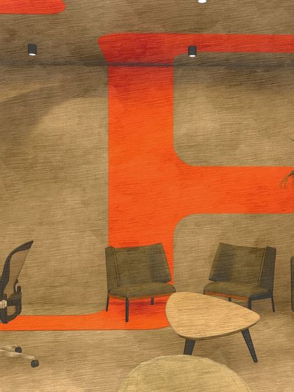 This render-to-reality shot focuses on the vibrant faculty lounge in the basement.