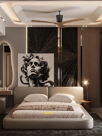This dramatic bedroom design for a young adult uses a dark, sophisticated theme. The space features black veneer, grey louvers, and a striking piece of art above the bed to create a bold and modern look.