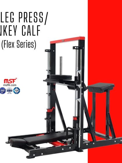 A clean studio shot of the 2-in-1 90-Degree Leg Press and Donkey Calf machine, showing its bold red and black design and heavy-duty frame.