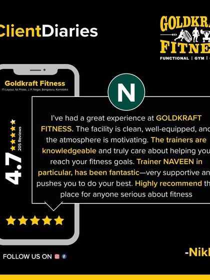 A great experience is what we aim for. Nikhil's feedback on our clean facility, motivating atmosphere, and supportive trainers like Naveen is what keeps us going.