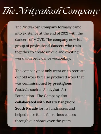 This graphic explains the formation of The Nrityakosh Company in 2021. The company produces commissioned work for prestigious festivals and collaborates on fundraisers.