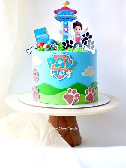 Another shot of the Paw Patrol cake, capturing the bright colours and playful theme.