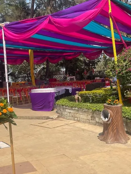 A wide view of a poolside Mehendi setup with a colorful draped canopy. The purple, pink, and blue fabrics create a festive and shady area for guests to relax.