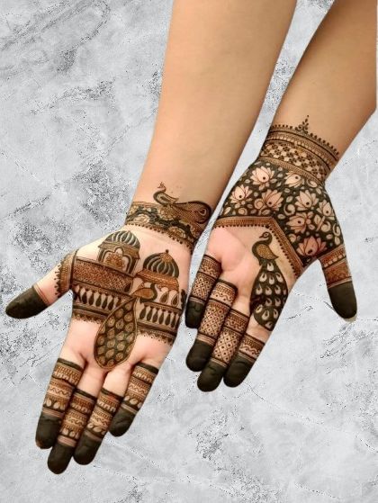 This design features majestic peacocks and palace-inspired architecture, creating a regal and sophisticated look perfect for a bride.