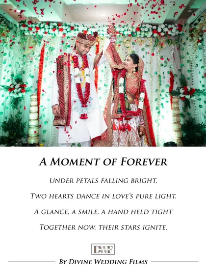 "A Moment of Forever." A beautiful branded image of the couple under a shower of petals, celebrating their union.
