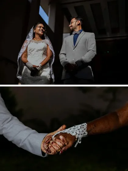 A dramatic, low-angle portrait of the couple, paired with a close-up of them holding hands. This shows both the grand picture and the intimate details.