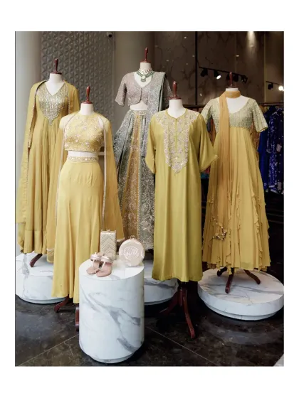 A haldi favourite, done right. This collection of sunshine-hued festive looks is ideal for pre-wedding celebrations, offering a range of silhouettes from anarkalis to lehengas.