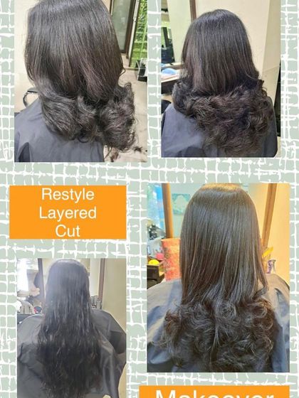 A before-and-after of a layered haircut that adds shape and bounce. The final style is blow-dried with curled ends to showcase the cut's versatility and dimension.