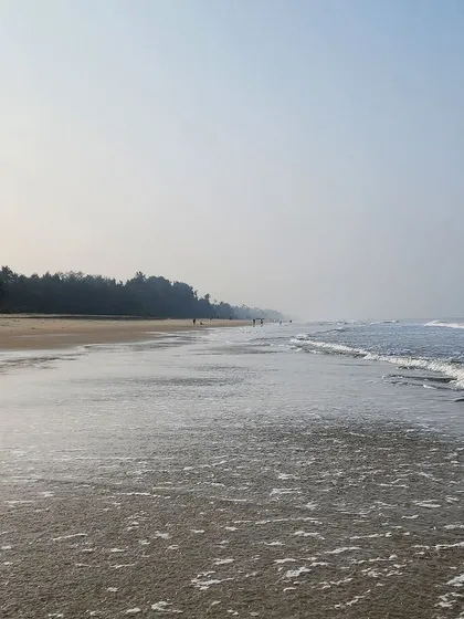 The serene beauty of the Konkan coast. Our West Coast Odyssey tour includes rides along quiet beaches like this, where you can enjoy the gentle waves and peaceful atmosphere.