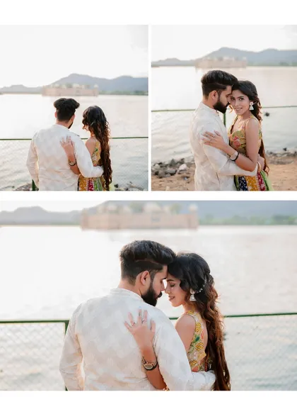 A collage of Siddharth and Simran's romantic moments by the lake, capturing the beautiful golden hour light.