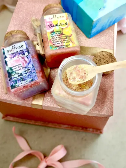 Unwind with my handcrafted bath salts, a blend of Pink Himalayan and Epsom salts infused with essential oils. They are perfect for a full body soak or a relaxing foot care ritual, and I can customize the scent just for you.