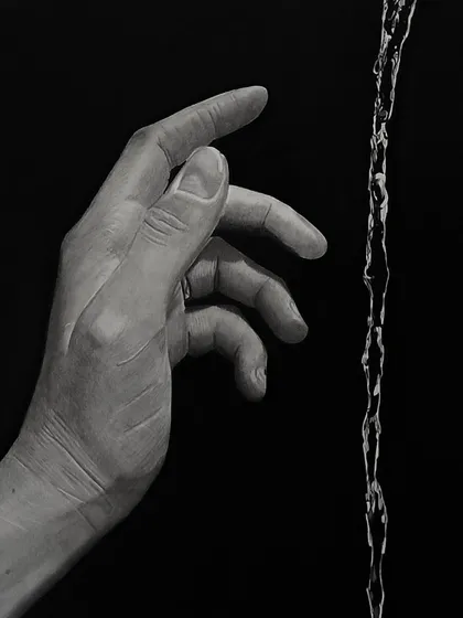 "Water." This drawing from the elements mini-series shows a hand next to a stream of falling water. Capturing the transparency and movement of water was the main goal.