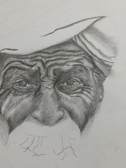 The portrait nearing completion, with focus on the eyes and the texture of the skin. Each stage builds upon the last to create a realistic result.