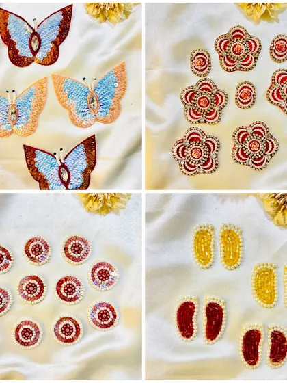 Our decorative patches for Rakhi making are perfect for adding a traditional touch. This image shows a variety of designs, including sequined butterflies and flowers, with prices starting from just Rs. 8.