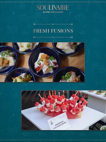 A collage of fresh fusions, including a watermelon and feta cheese skewer. We embrace a future of balance and well-being with our healthy and delicious creations.