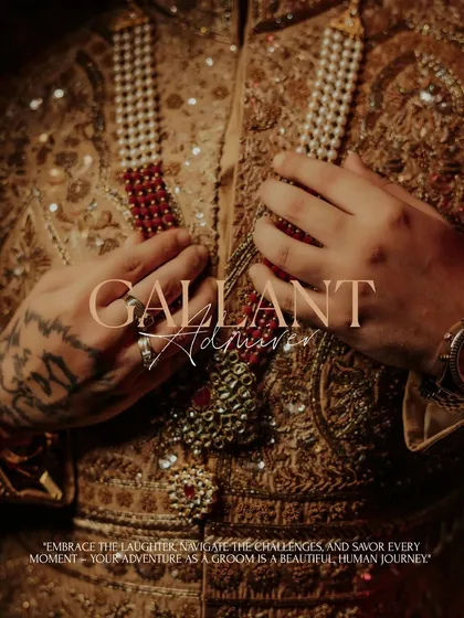 A close-up, detailed shot of Prabneet's sherwani and his multi-layered pearl necklace, highlighting the intricate craftsmanship of his attire.