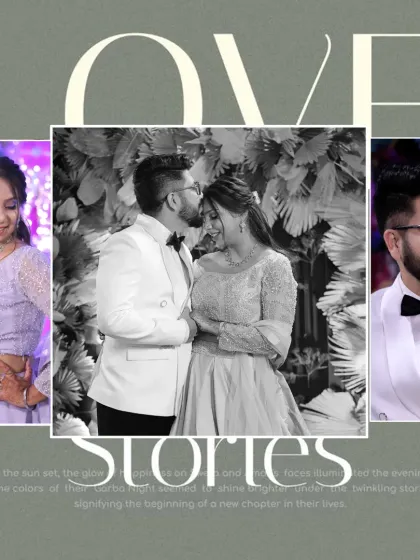 A "Love Stories" collage featuring a mix of color and black and white photos. This design is perfect for a wedding album, telling the story of their special day in a modern and elegant way.