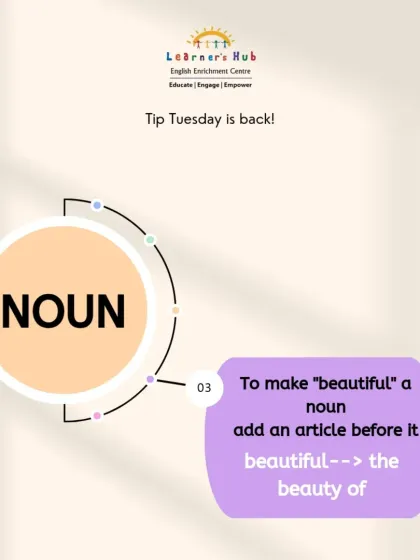 Continuing our 'Tip Tuesday' on the word 'beautiful', this graphic explains how to turn it into a noun: 'the beauty of' something. This helps students understand word families and sentence structure.