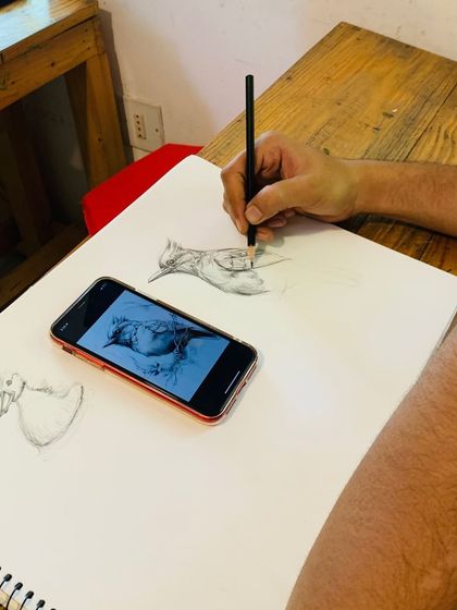 Another student works on a bird sketch, using a reference on their phone to study the details of the feathers and form.