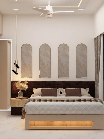 A bedroom concept showing a sleek, floor-to-ceiling wardrobe that blends seamlessly with the wall, paired with elegant arched wall panels.