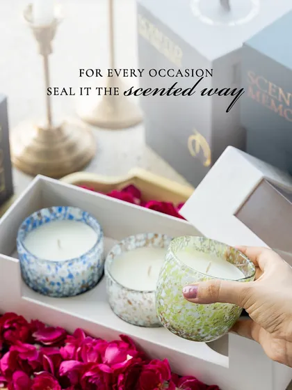 For every occasion, seal it the scented way. From weddings and birthdays to festive celebrations, I curate gifts for every moment. This gift set of three speckled glass votives is a beautiful way to share a variety of scents.